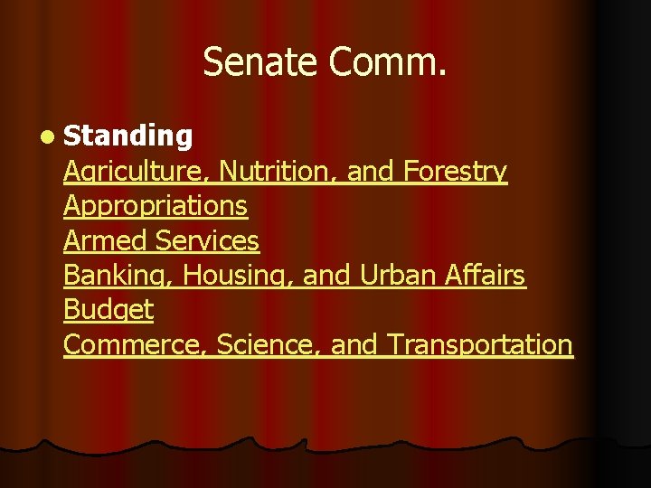 Senate Comm. l Standing Agriculture, Nutrition, and Forestry Appropriations Armed Services Banking, Housing, and
