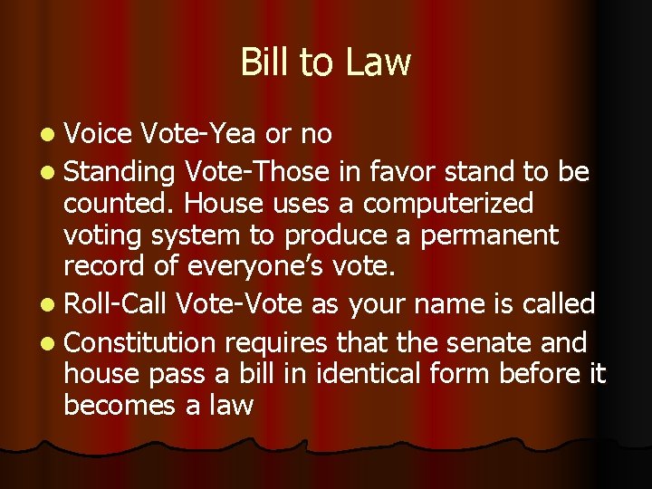 Bill to Law l Voice Vote-Yea or no l Standing Vote-Those in favor stand