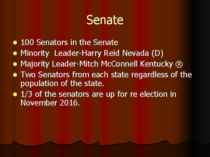 Senate l l l 100 Senators in the Senate Minority Leader-Harry Reid Nevada (D)