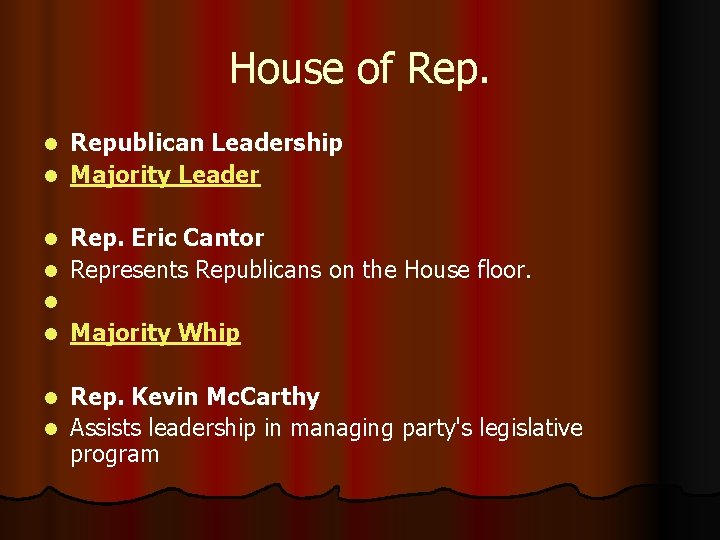 House of Republican Leadership l Majority Leader l Rep. Eric Cantor l Represents Republicans