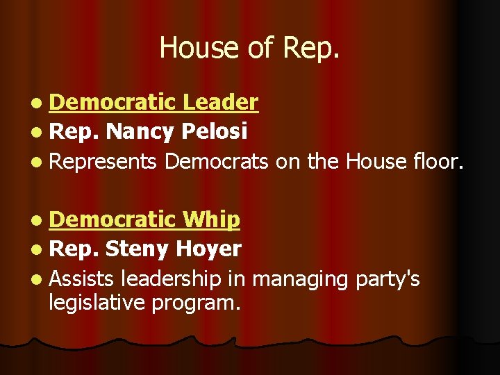 House of Rep. l Democratic Leader l Rep. Nancy Pelosi l Represents Democrats on