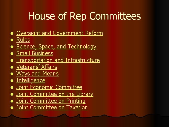 House of Rep Committees l l l Oversight and Government Reform Rules Science, Space,