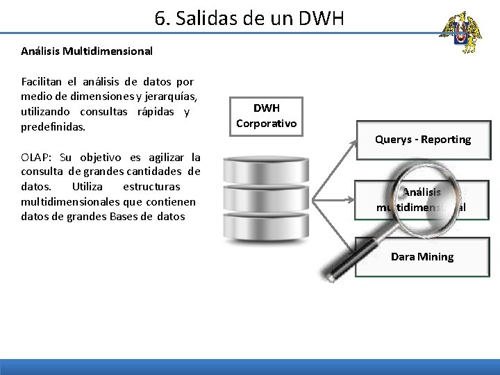 6. Salidas de un DWH Análisis Multidimensional Facilitan el análisis de datos por medio