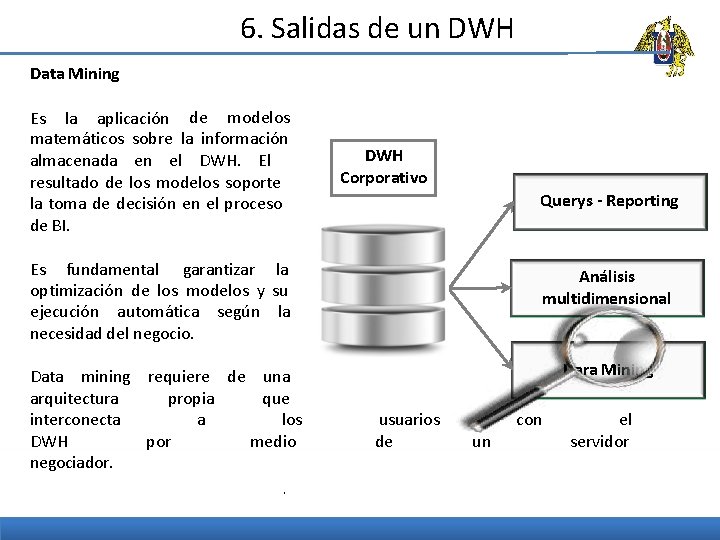 6. Salidas de un DWH Data Mining Es la aplicación de modelos matemáticos sobre