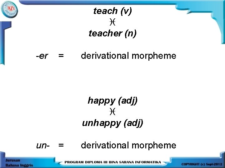 teach (v) teacher (n) -er = derivational morpheme happy (adj) unhappy (adj) un- =