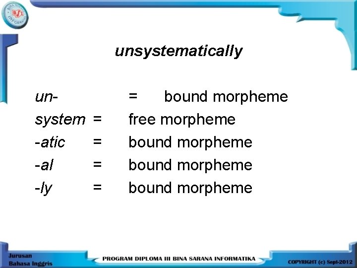 unsystematically unsystem -atic -al -ly = = = bound morpheme free morpheme bound morpheme