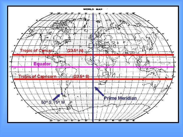 Tropic of Cancer (23. 5 o N) Equator Tropic of Capricorn 50 o S,