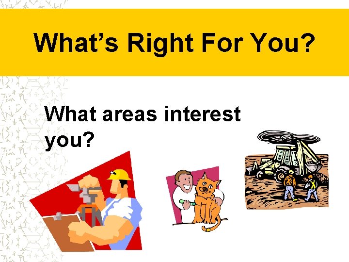 What’s Right For You? What areas interest you? 