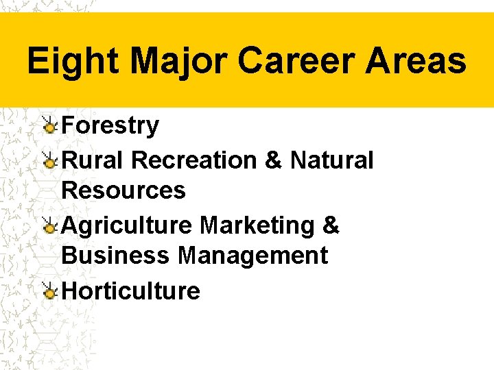 Eight Major Career Areas Forestry Rural Recreation & Natural Resources Agriculture Marketing & Business