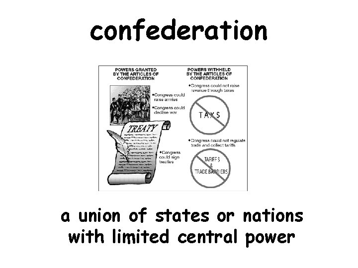 confederation a union of states or nations with limited central power 