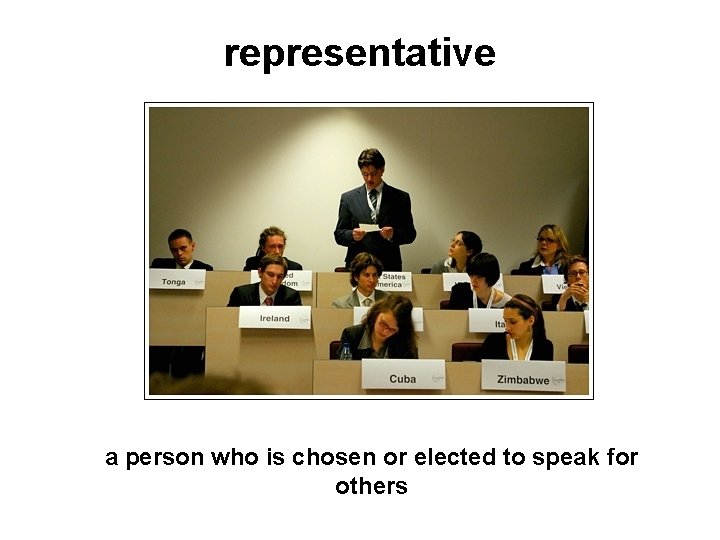 representative a person who is chosen or elected to speak for others 