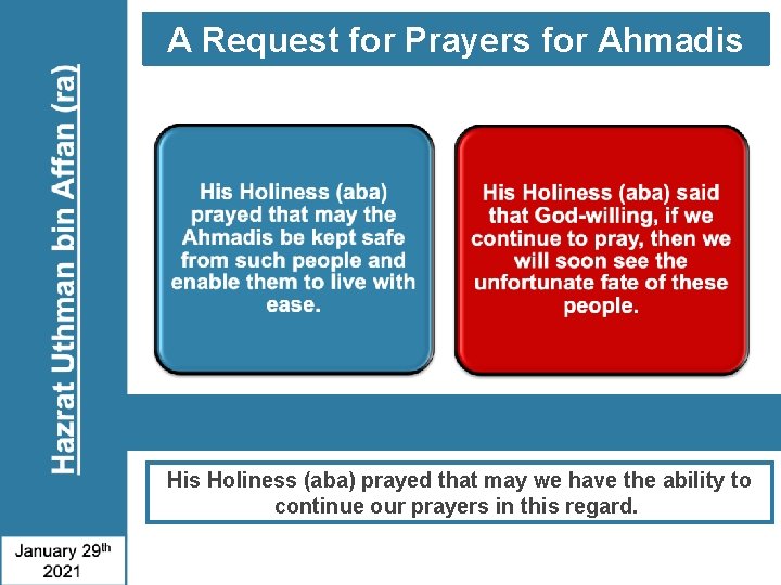 A Request for Prayers for Ahmadis Holiness (aba) prayed that may we have the