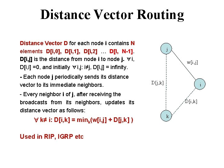 Distance Vector Routing Distance Vector D for each node i contains N elements D[i,