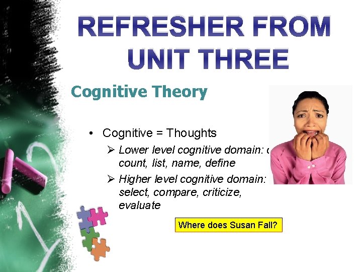REFRESHER FROM UNIT THREE Cognitive Theory • Cognitive = Thoughts Ø Lower level cognitive
