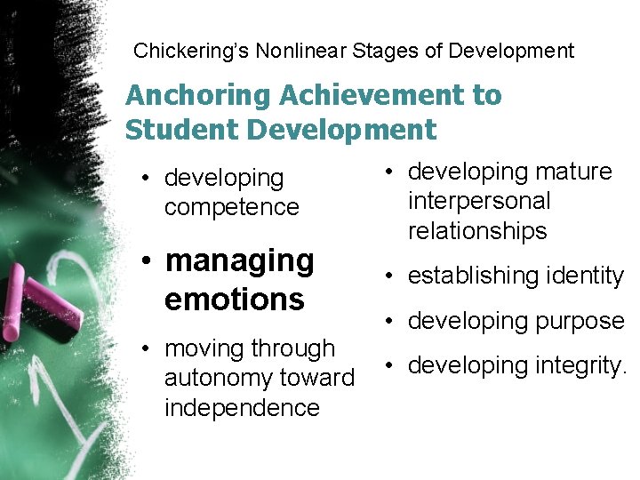 Chickering’s Nonlinear Stages of Development Anchoring Achievement to Student Development • developing competence •