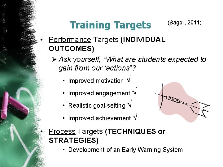 Training Targets (Sagor, 2011) • Performance Targets (INDIVIDUAL OUTCOMES) Ø Ask yourself, “What are