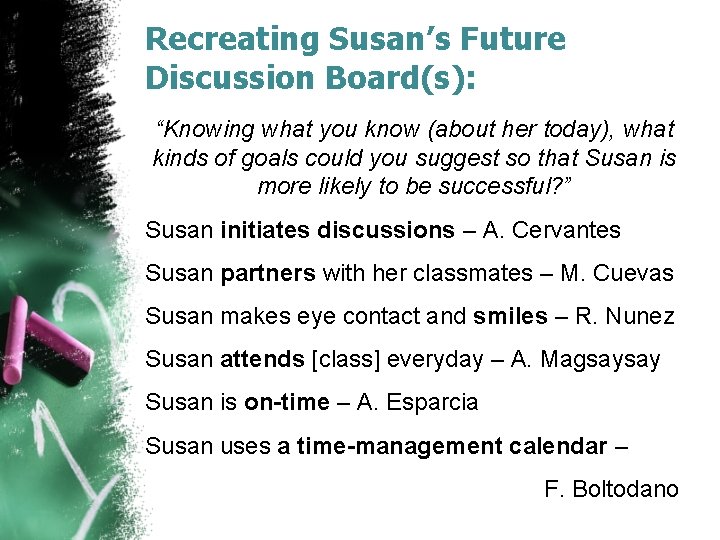 Recreating Susan’s Future Discussion Board(s): “Knowing what you know (about her today), what kinds