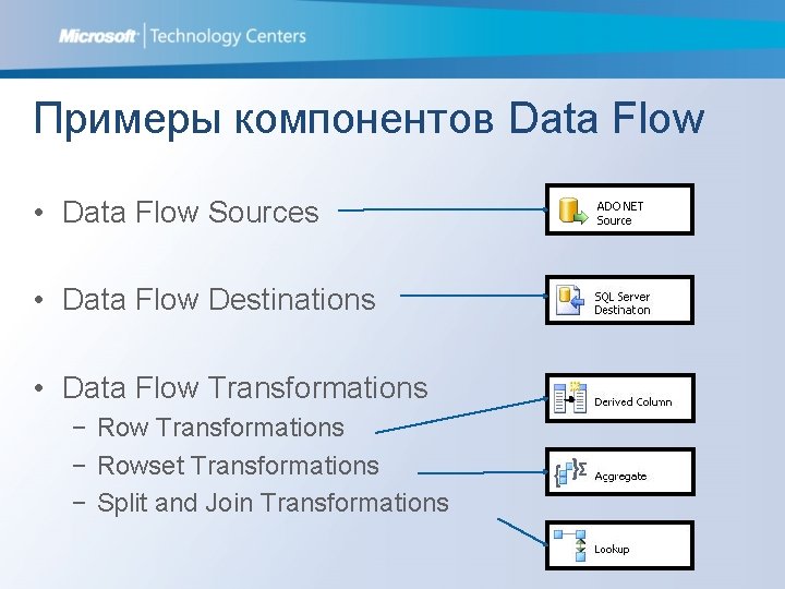 Примеры компонентов Data Flow • Data Flow Sources • Data Flow Destinations • Data