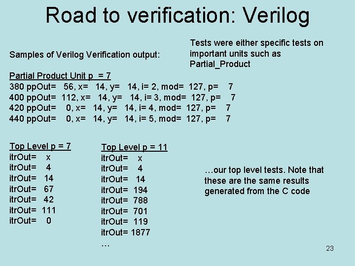 Road to verification: Verilog Samples of Verilog Verification output: Tests were either specific tests