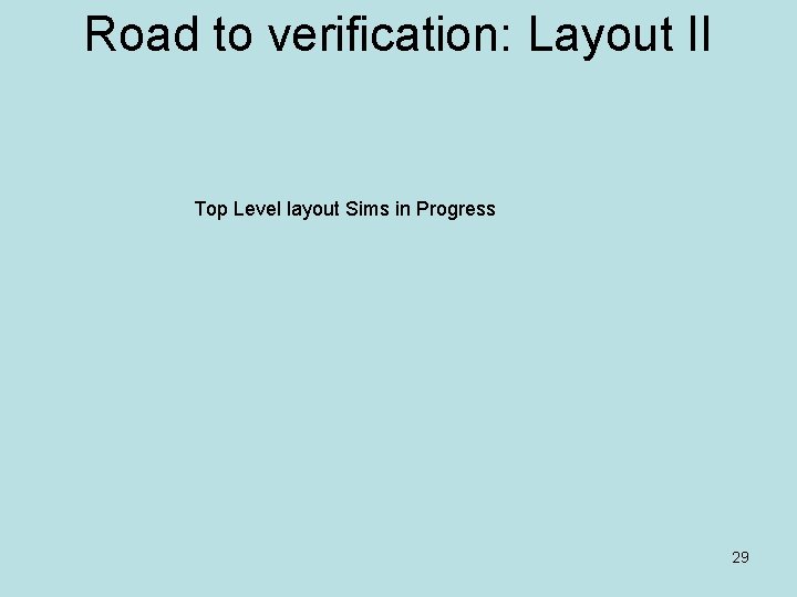 Road to verification: Layout II Top Level layout Sims in Progress 29 