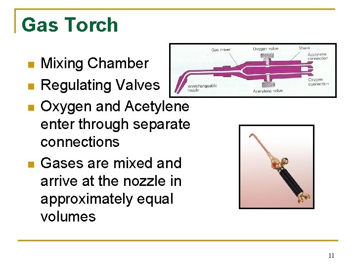 Gas Torch n n Mixing Chamber Regulating Valves Oxygen and Acetylene enter through separate