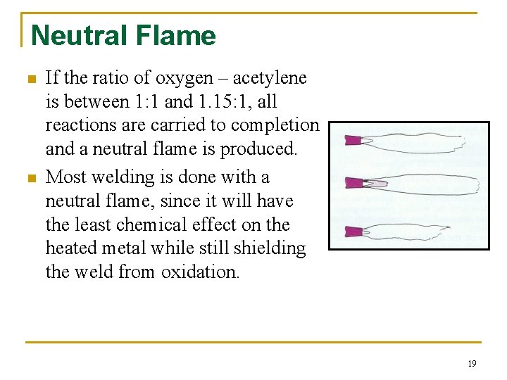 Neutral Flame n n If the ratio of oxygen – acetylene is between 1: