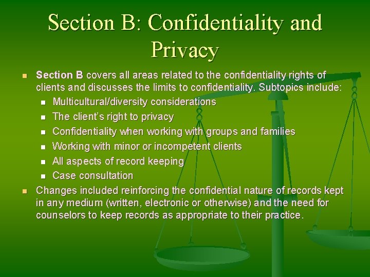 Section B: Confidentiality and Privacy n n Section B covers all areas related to