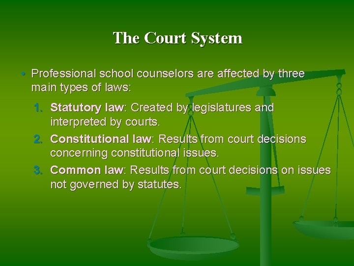 The Court System • Professional school counselors are affected by three main types of