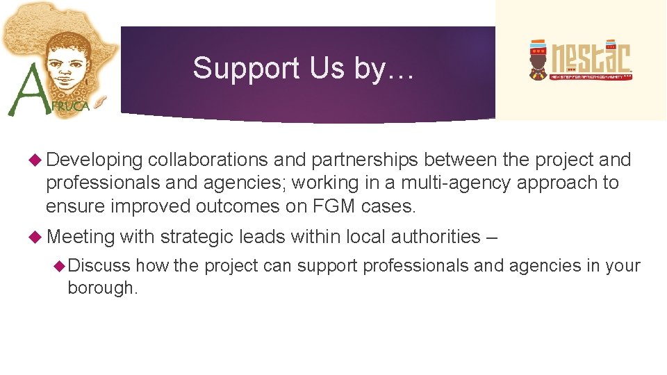 Support Us by… Developing collaborations and partnerships between the project and professionals and agencies;