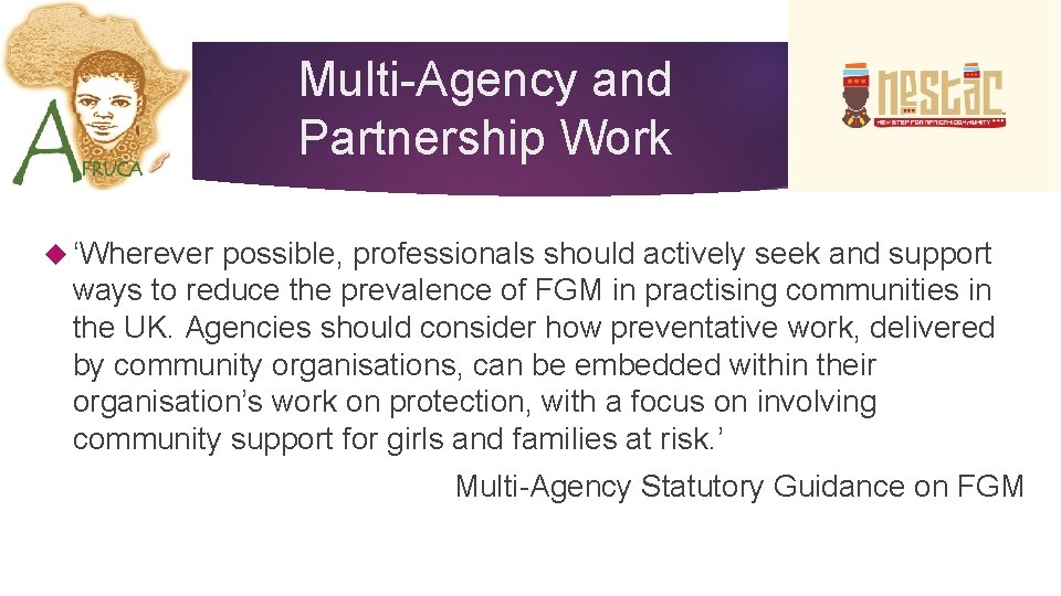 Multi-Agency and Partnership Work ‘Wherever possible, professionals should actively seek and support ways to