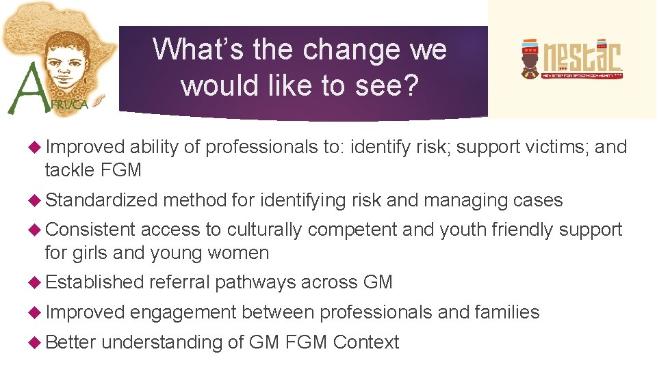What’s the change we would like to see? Improved ability of professionals to: identify