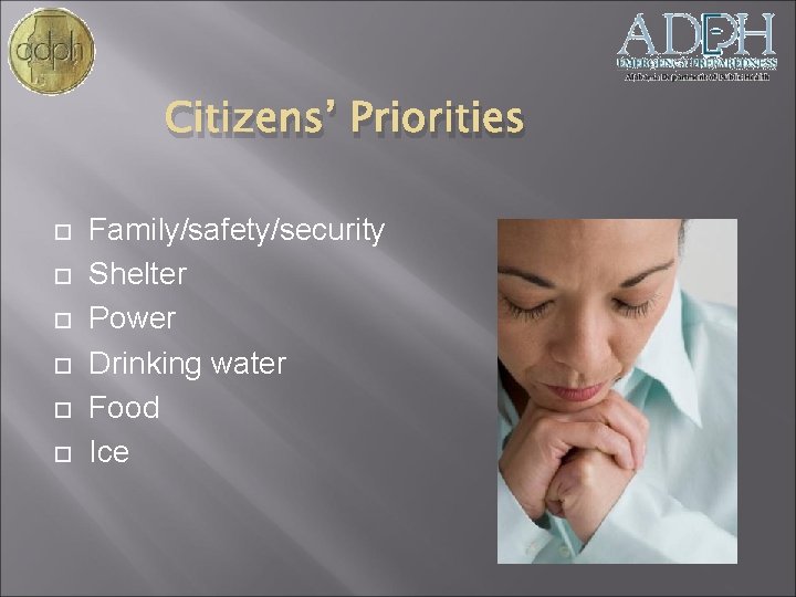 Citizens’ Priorities Family/safety/security Shelter Power Drinking water Food Ice 