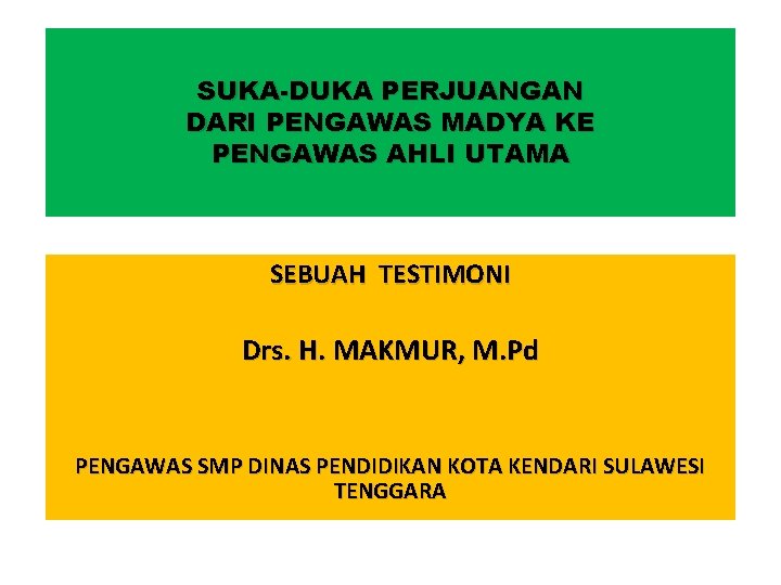 SUKA-DUKA PERJUANGAN DARI PENGAWAS MADYA KE PENGAWAS AHLI UTAMA SEBUAH TESTIMONI Drs. H. MAKMUR,