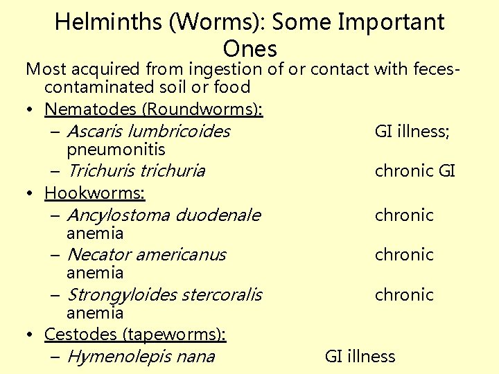 Helminths (Worms): Some Important Ones Most acquired from ingestion of or contact with fecescontaminated