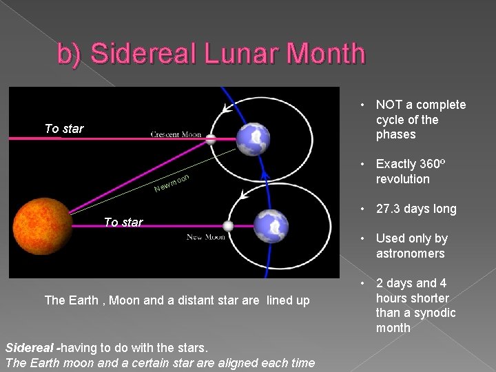 b) Sidereal Lunar Month • NOT a complete cycle of the phases To star