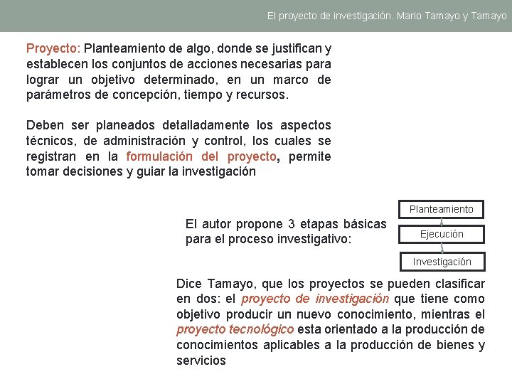 El proyecto de investigación. Mario Tamayo y Tamayo Proyecto: Planteamiento de algo, donde se