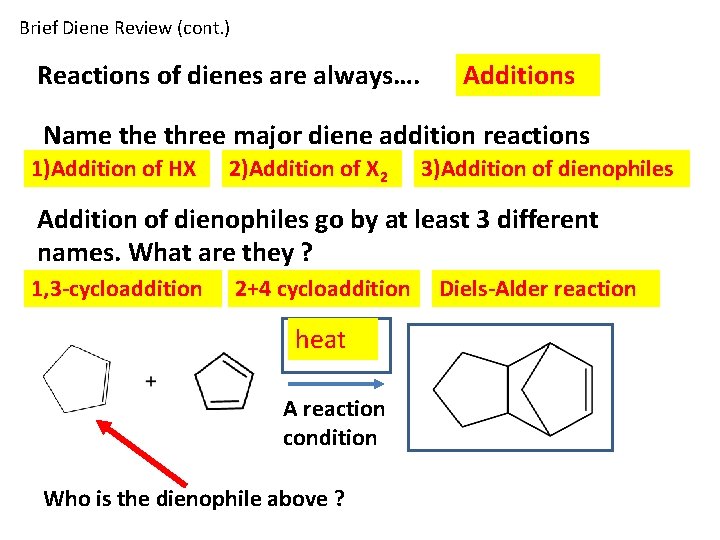 Brief Diene Review (cont. ) Reactions of dienes are always…. Additions Name three major