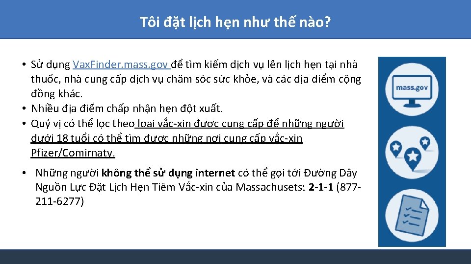 Tôi đặt lịch hẹn như thế nào? • Sử dụng Vax. Finder. mass. gov