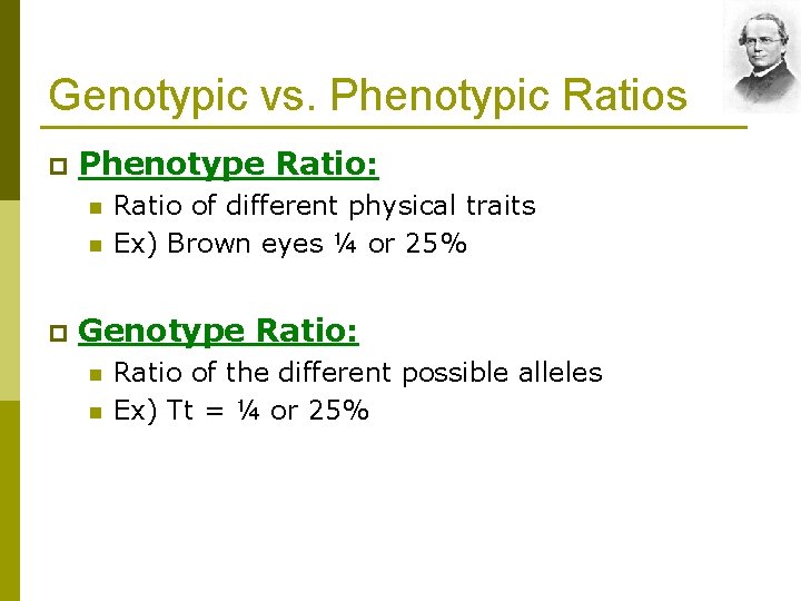 Genotypic vs. Phenotypic Ratios p Phenotype Ratio: n n p Ratio of different physical