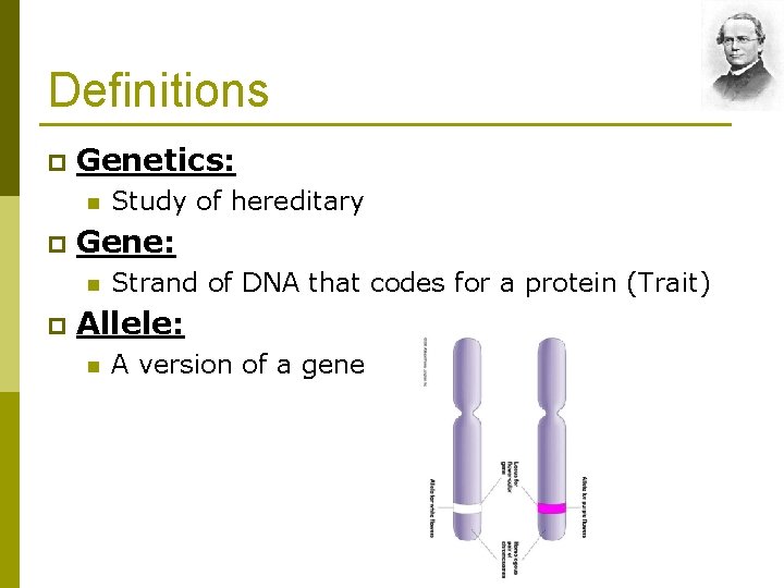 Definitions p Genetics: n p Gene: n p Study of hereditary Strand of DNA