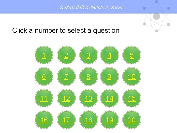 Science Differentiation in action Click a number to select a question. 1 2 3