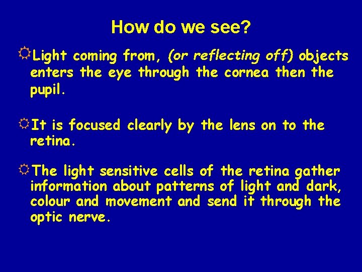 How do we see? RLight coming from, (or reflecting off) objects enters the eye