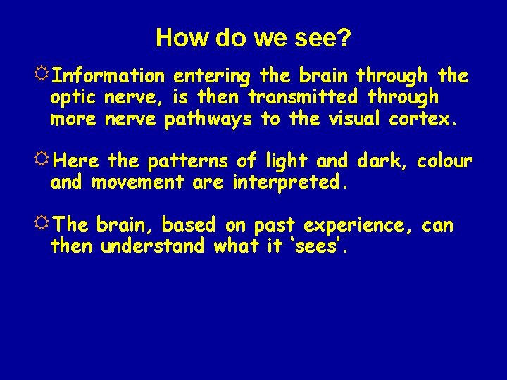 How do we see? RInformation entering the brain through the optic nerve, is then