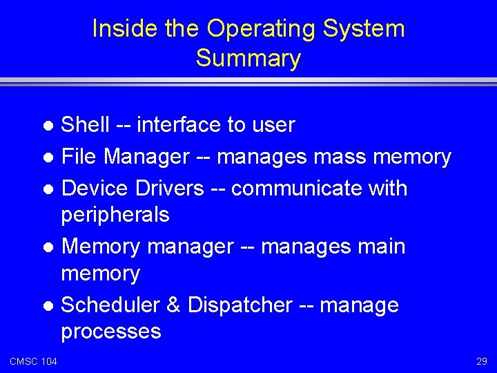 Inside the Operating System Summary Shell -- interface to user l File Manager --