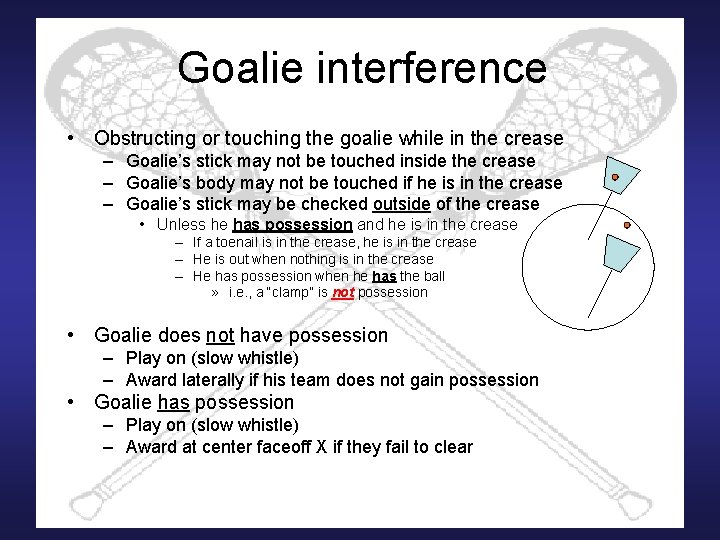 Goalie interference • Obstructing or touching the goalie while in the crease – Goalie’s