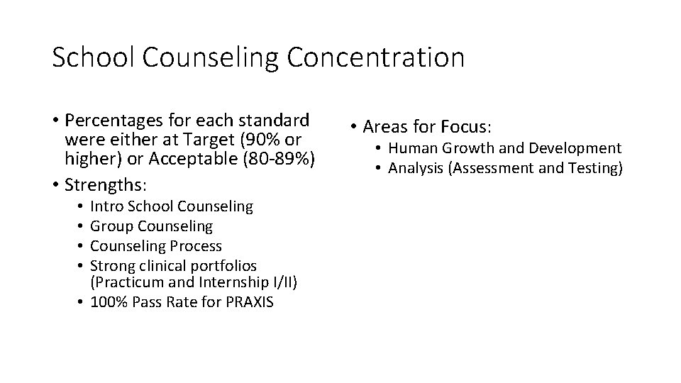 School Counseling Concentration • Percentages for each standard were either at Target (90% or