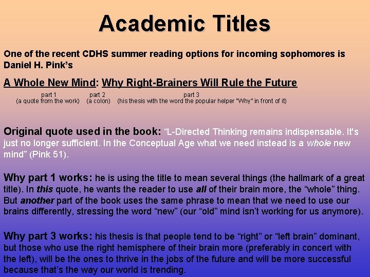 Academic Titles One of the recent CDHS summer reading options for incoming sophomores is Academic Titles One of the recent CDHS summer reading options for incoming sophomores is