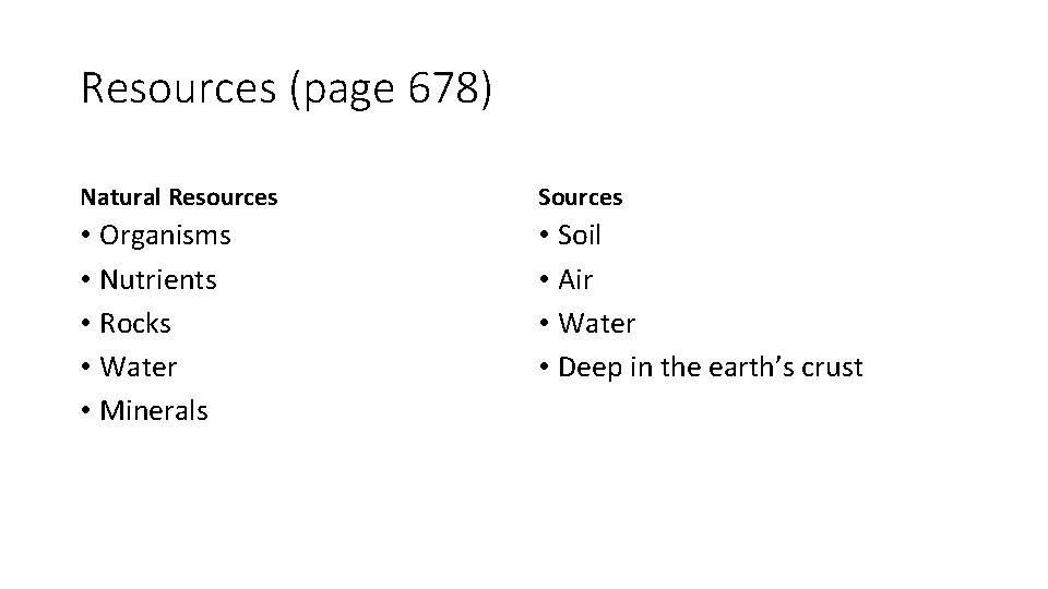 Resources (page 678) Natural Resources Sources • Organisms • Nutrients • Rocks • Water