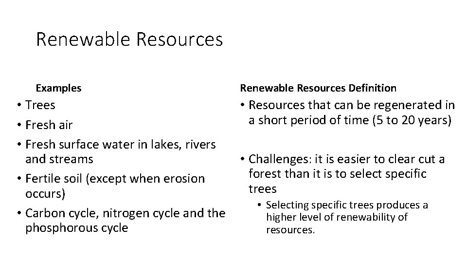 Renewable Resources Examples • Trees • Fresh air • Fresh surface water in lakes,