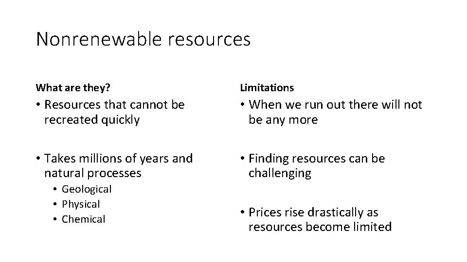 Nonrenewable resources What are they? Limitations • Resources that cannot be recreated quickly •